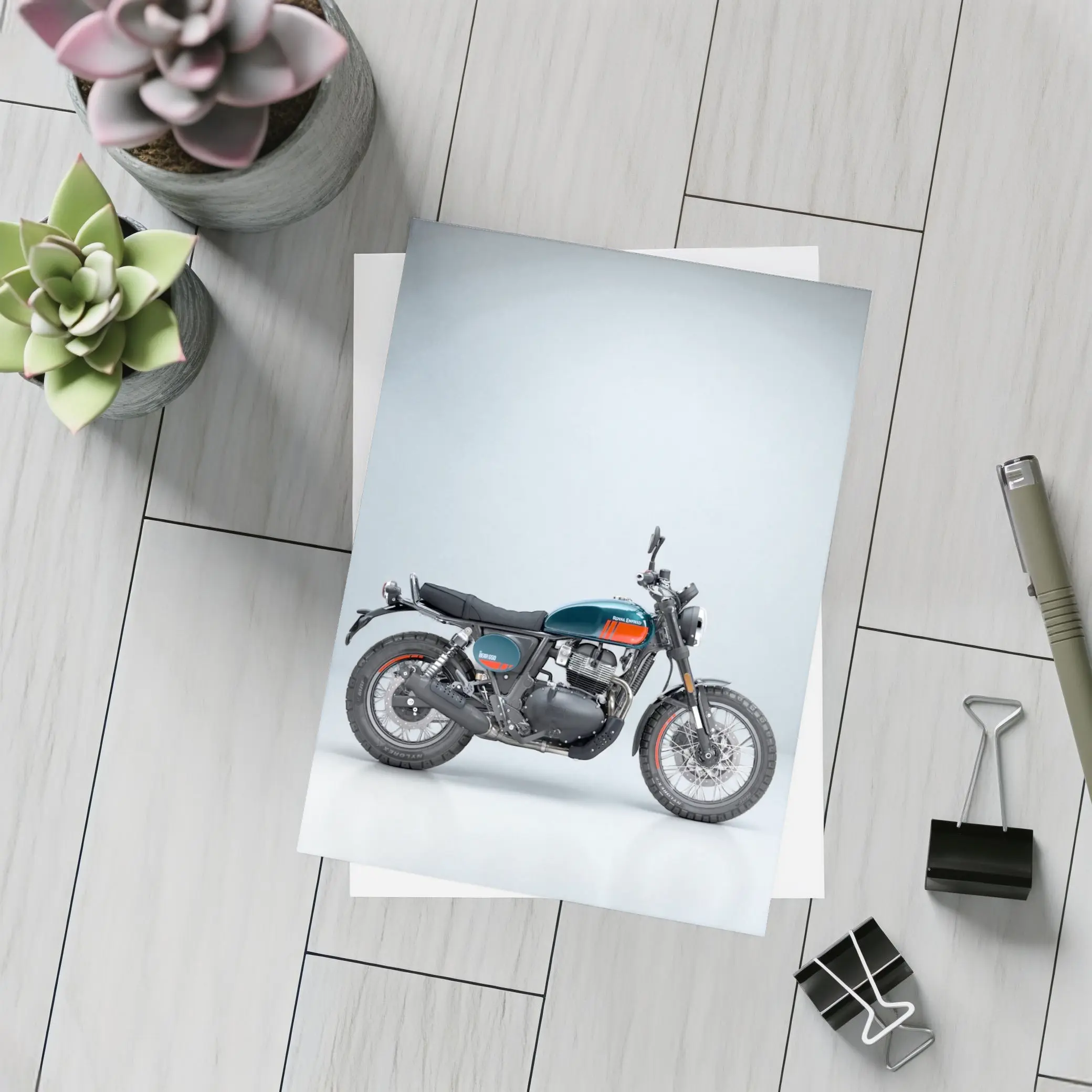 Royal Enfield Scrambler Motorcycle Blue Gray Background – Postcards