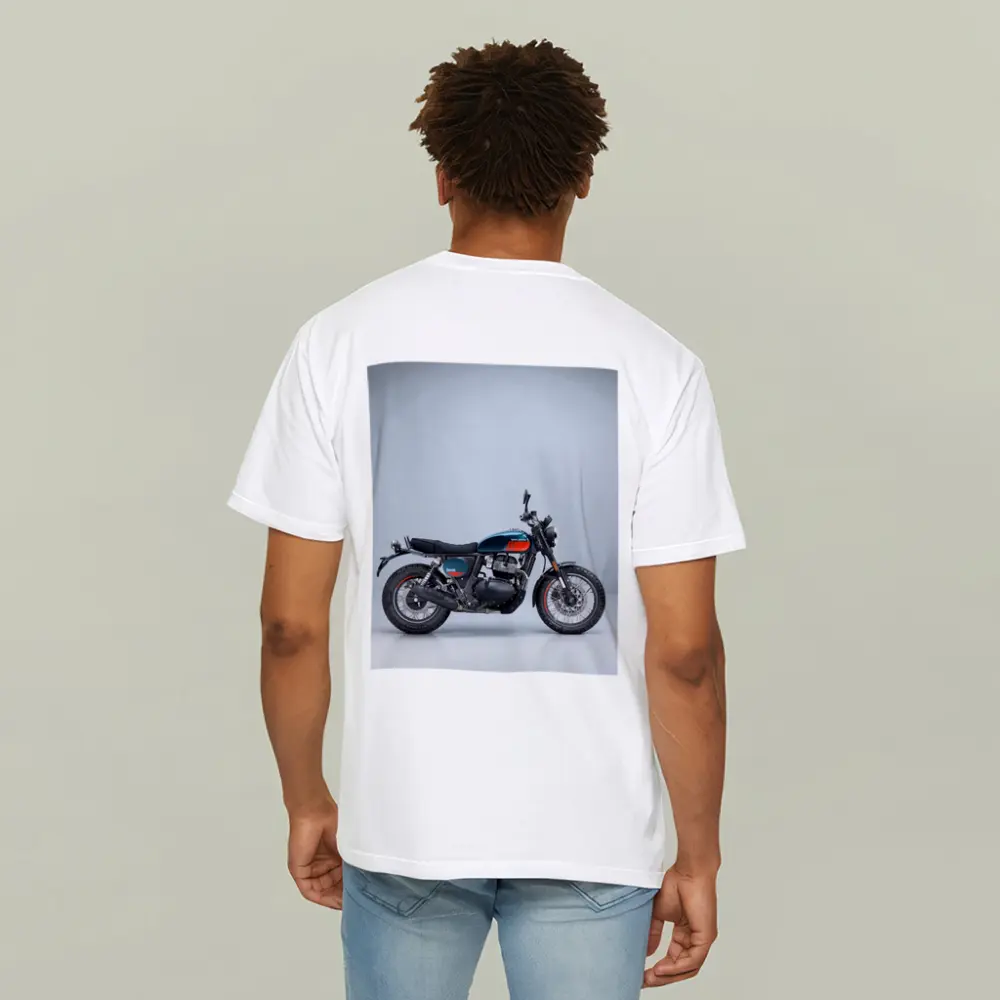 Royal Enfield Scrambler Motorcycle Blue Gray Background – T-Shirts