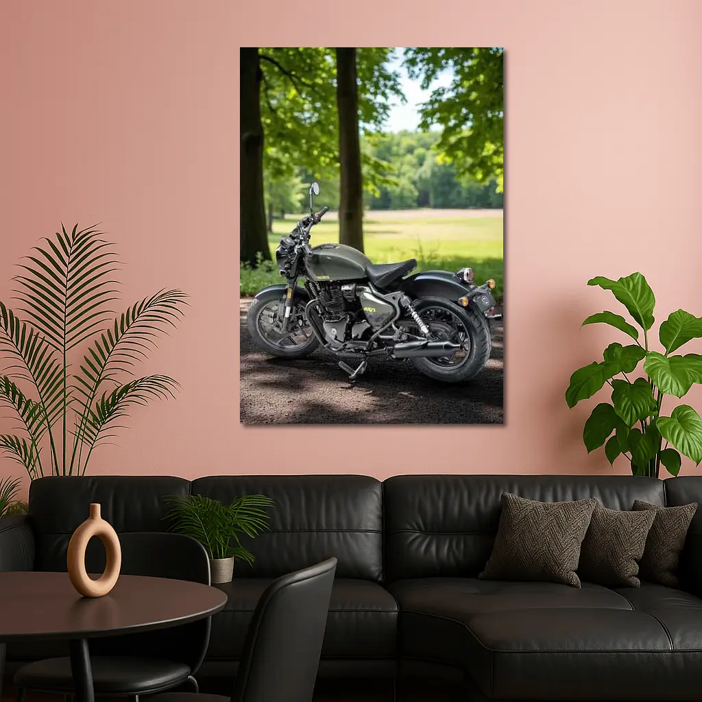 Dark Green Cruiser Motorcycle Parked Forest Setting – Wall Art