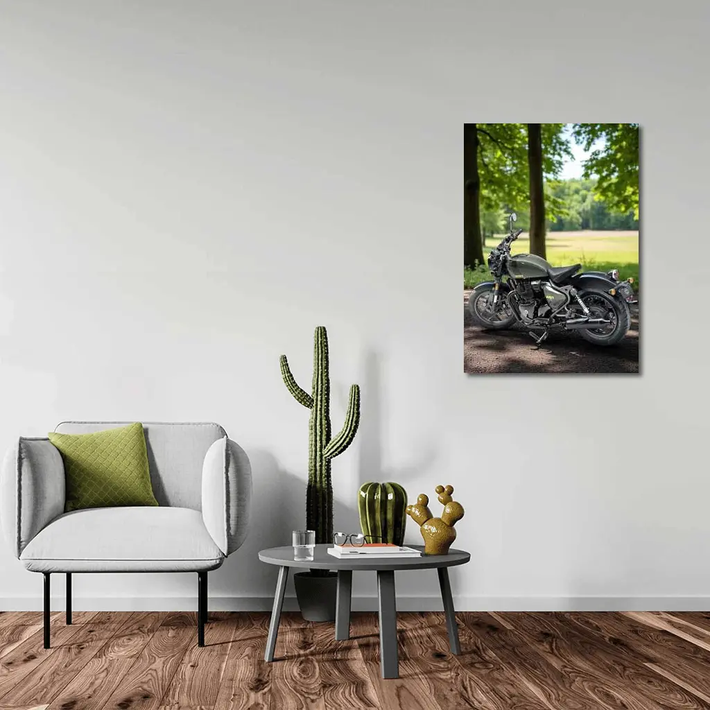 Dark Green Cruiser Motorcycle Parked Forest Setting – Wall Art