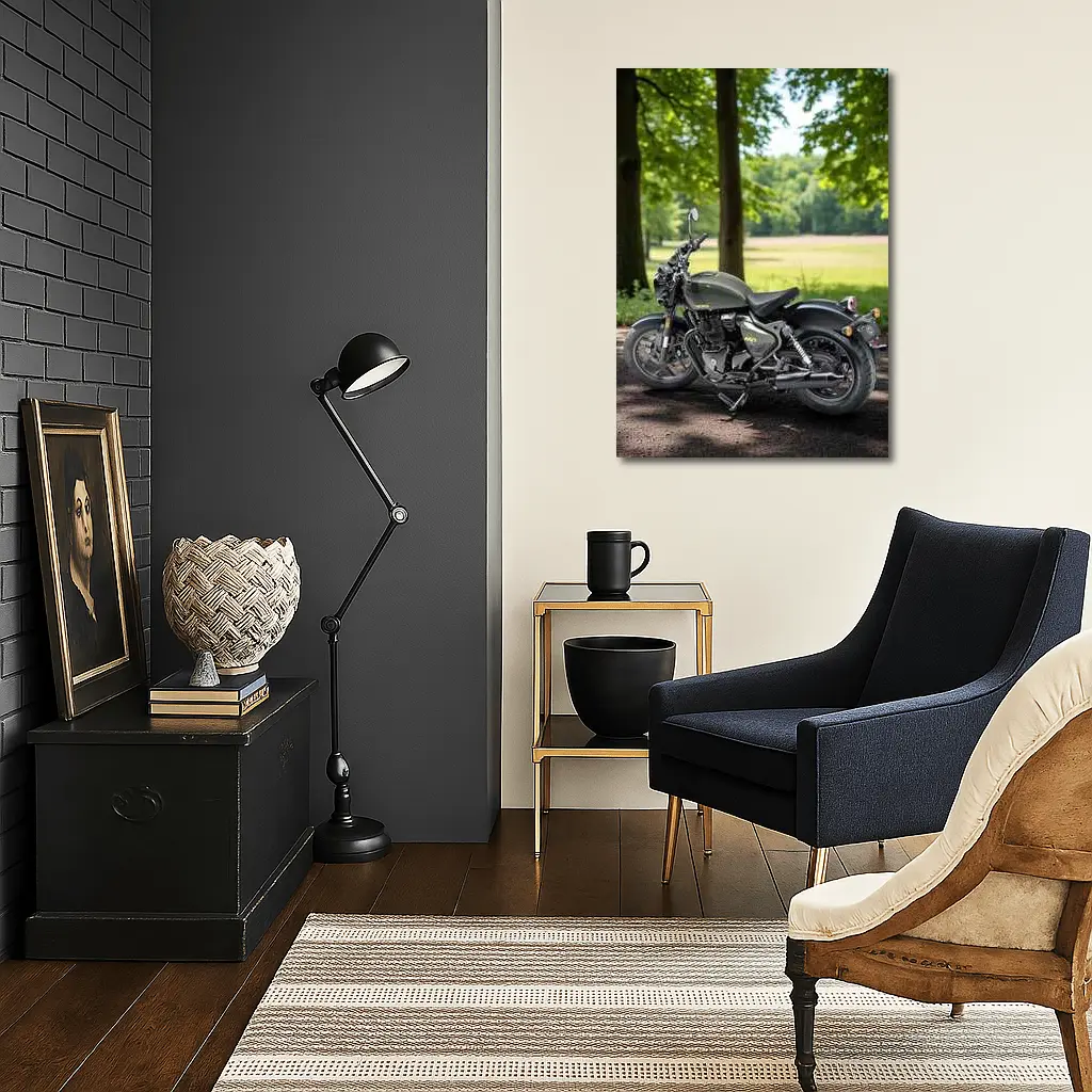 Dark Green Cruiser Motorcycle Parked Forest Setting – Wall Art