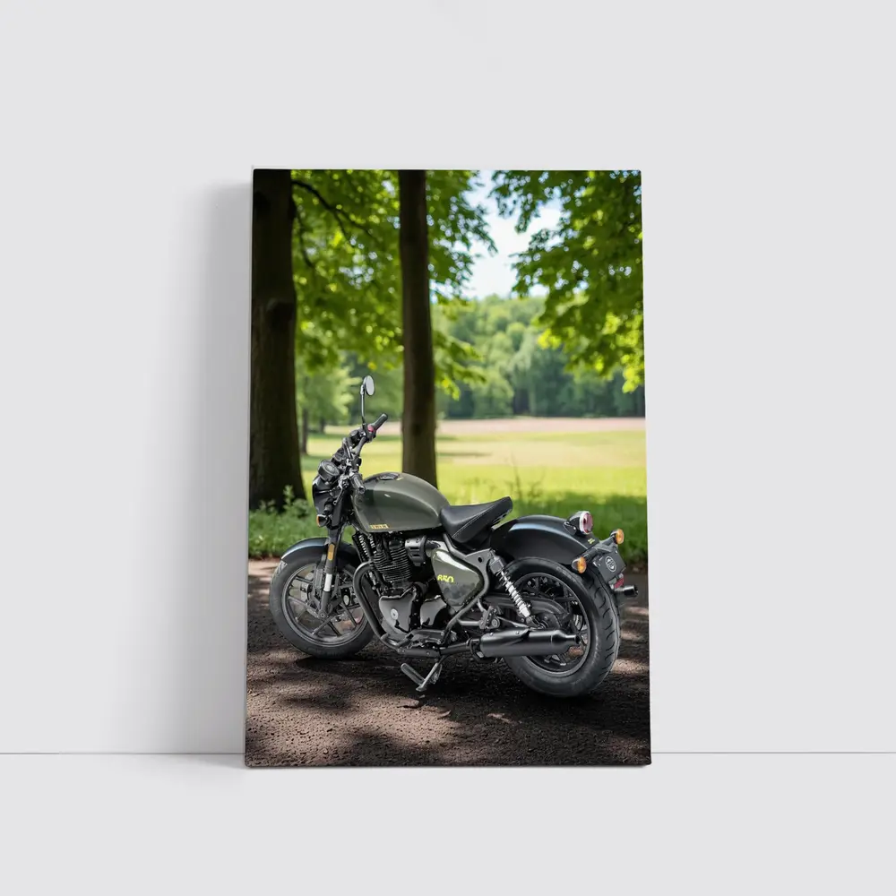 Dark Green Cruiser Motorcycle Parked Forest Setting – Wall Art