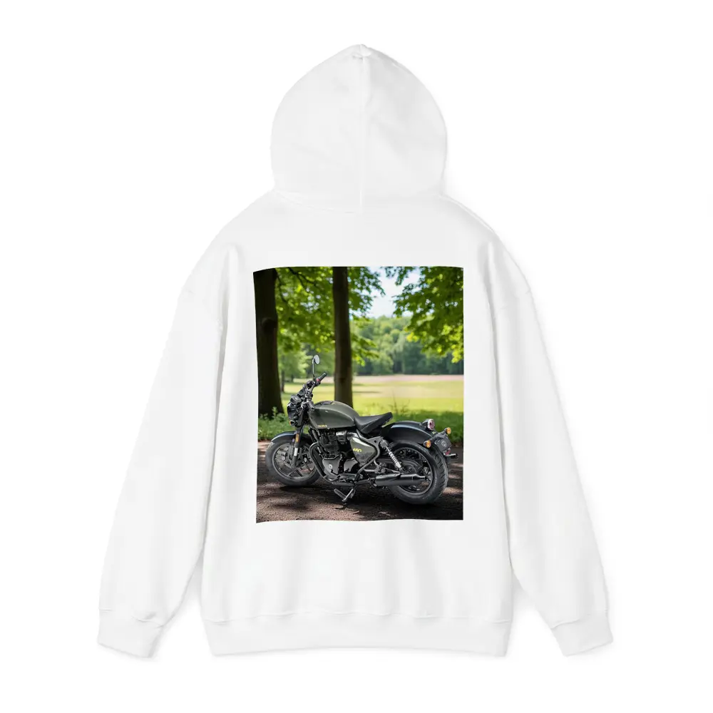 Dark Green Cruiser Motorcycle Parked Forest Setting – Hoodies