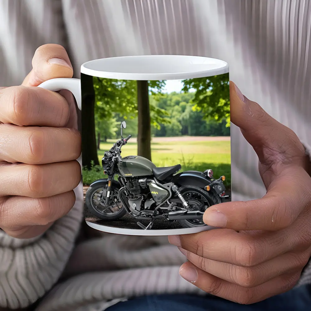 Dark Green Cruiser Motorcycle Parked Forest Setting – Mugs