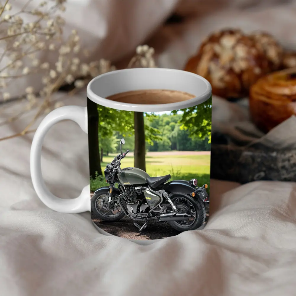 Dark Green Cruiser Motorcycle Parked Forest Setting – Mugs