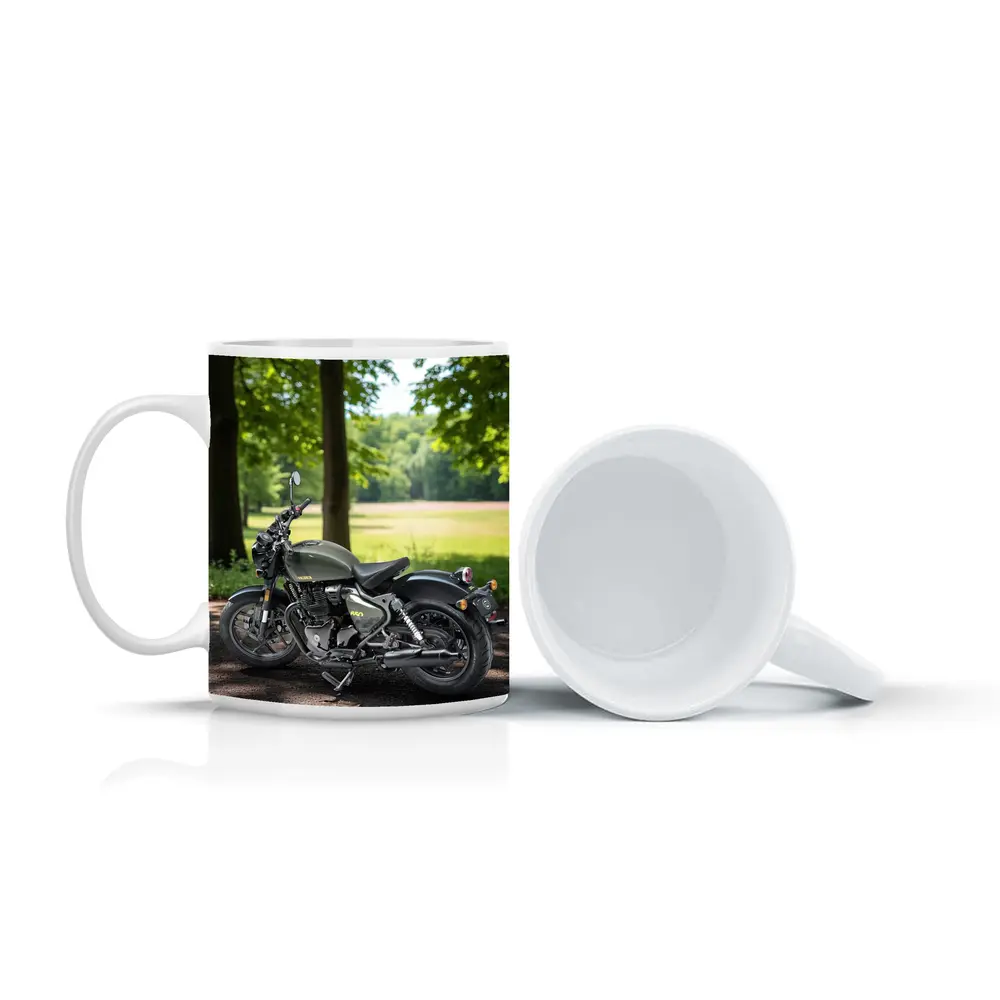 Dark Green Cruiser Motorcycle Parked Forest Setting – Mugs