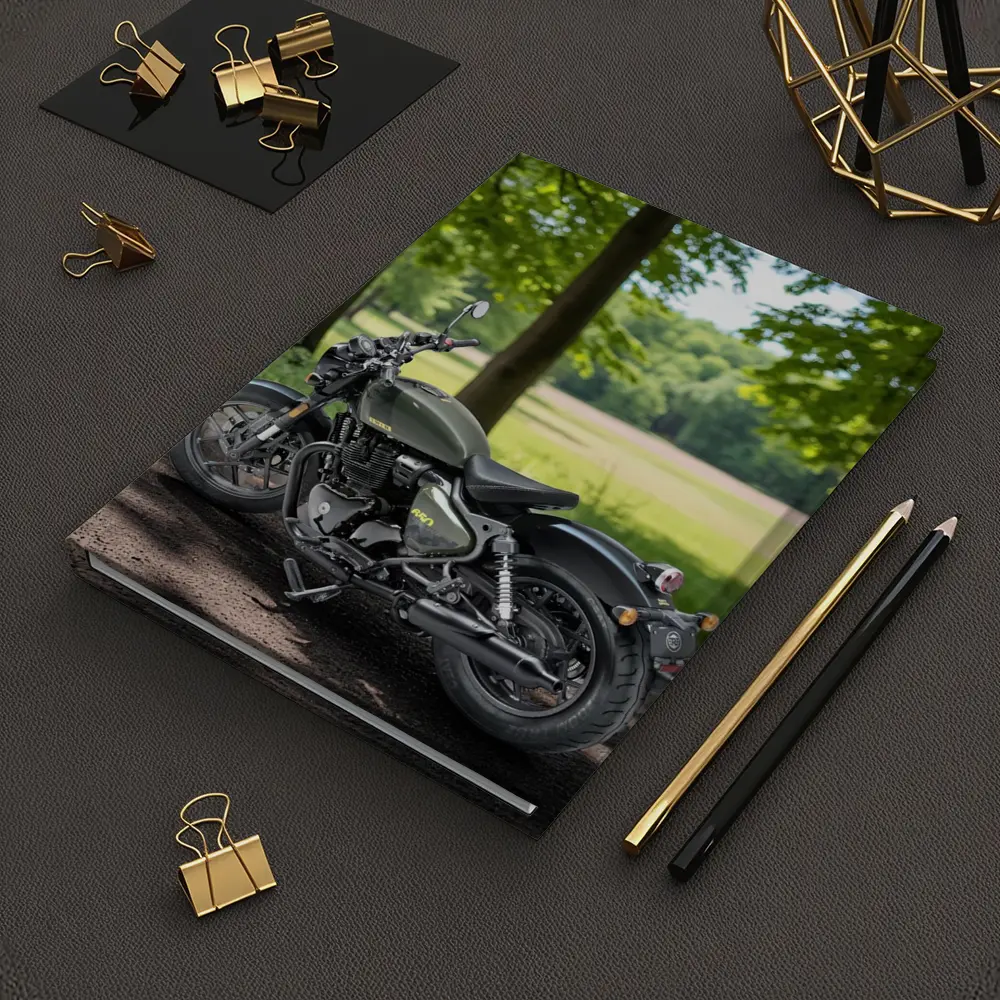 Dark Green Cruiser Motorcycle Parked Forest Setting – Notebooks