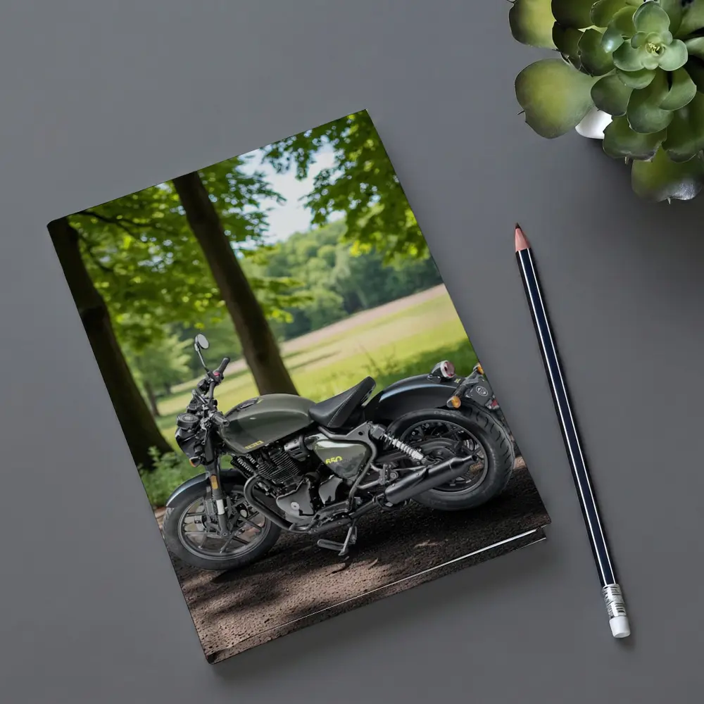Dark Green Cruiser Motorcycle Parked Forest Setting – Notebooks