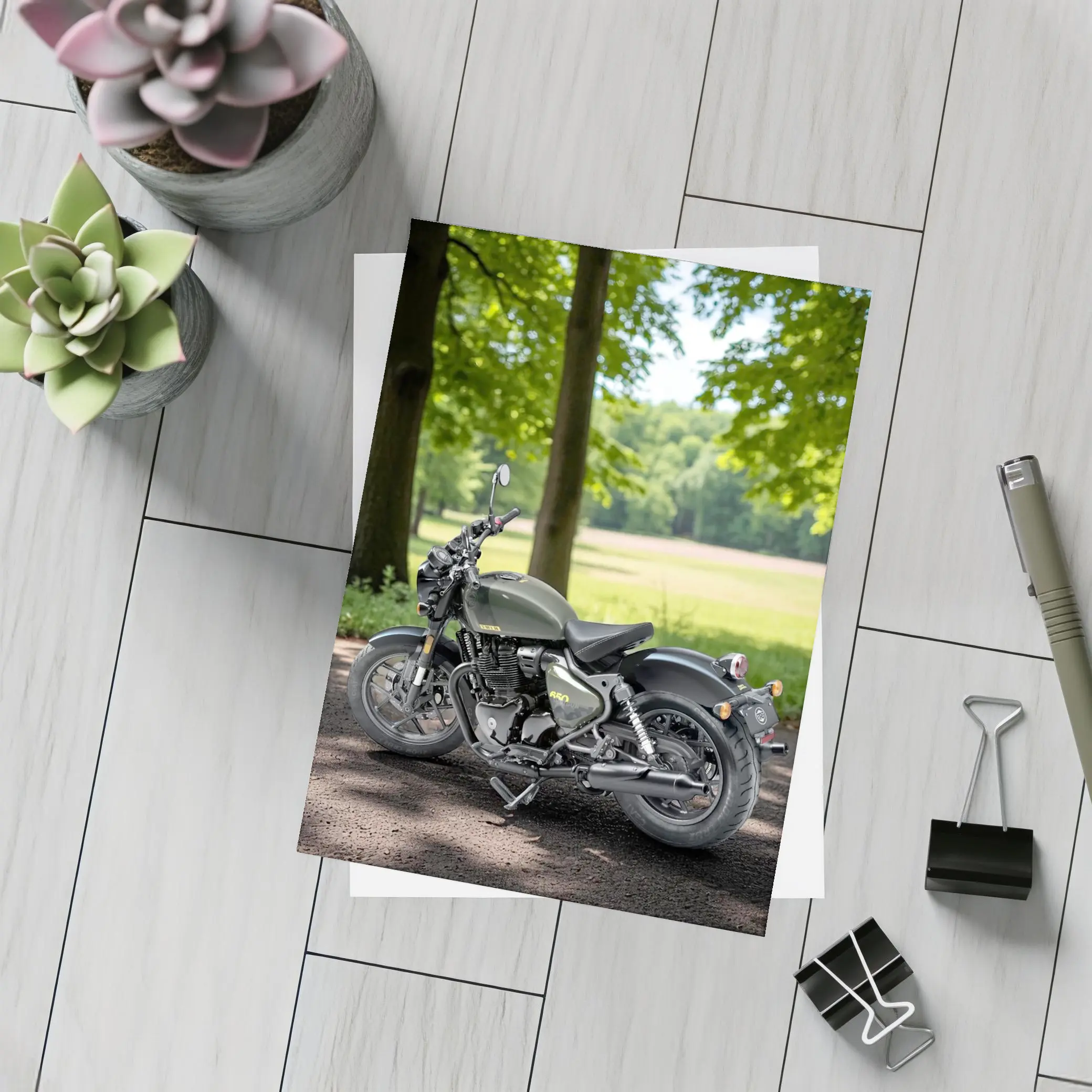 Dark Green Cruiser Motorcycle Parked Forest Setting – Postcards