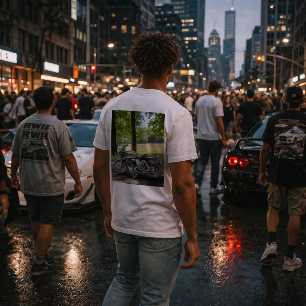 Dark Green Cruiser Motorcycle Parked Forest Setting – T-Shirts