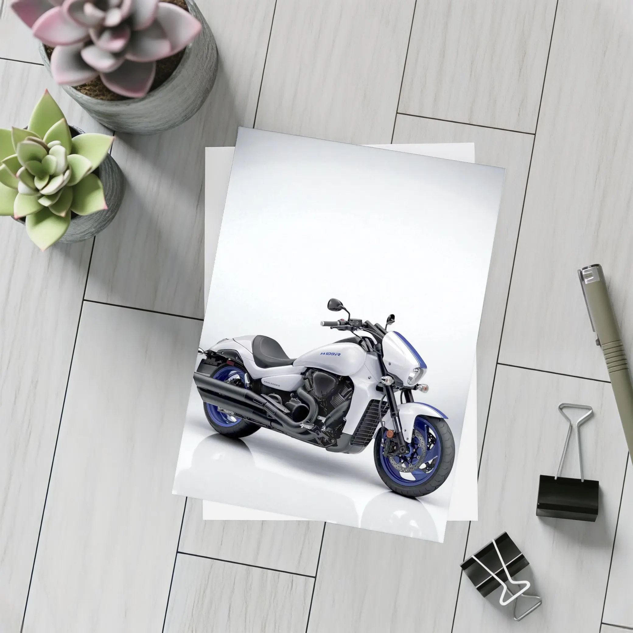 Suzuki Boulevard Cruiser Motorcycle White Blue – Postcards