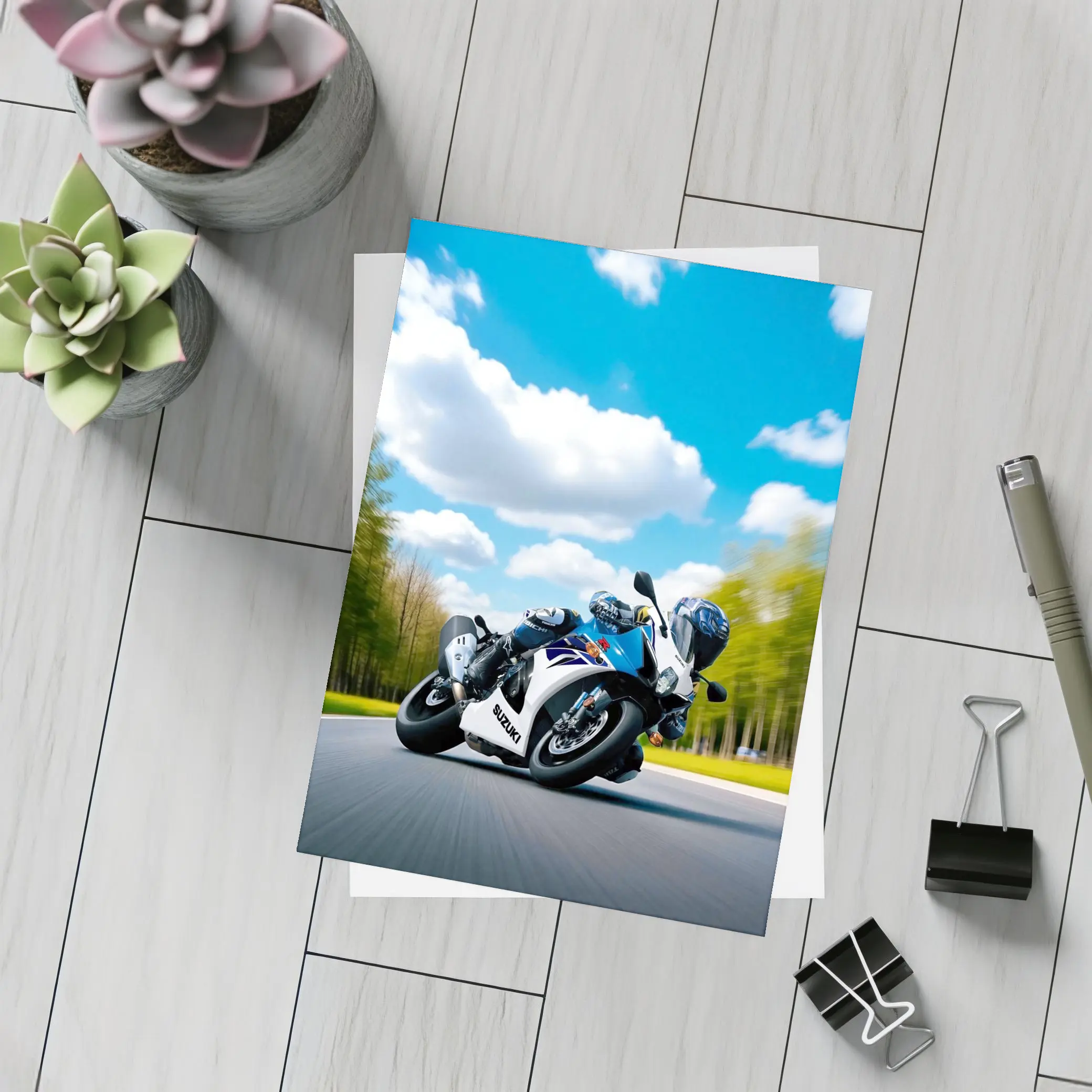 Suzuki GSX-R Sport Bike Blue Sky Road – Postcards