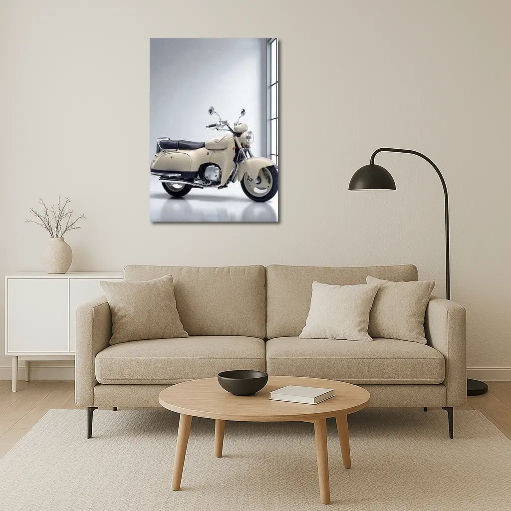 Cream Vintage Scooter Motorcycle White Studio – Wall Art
