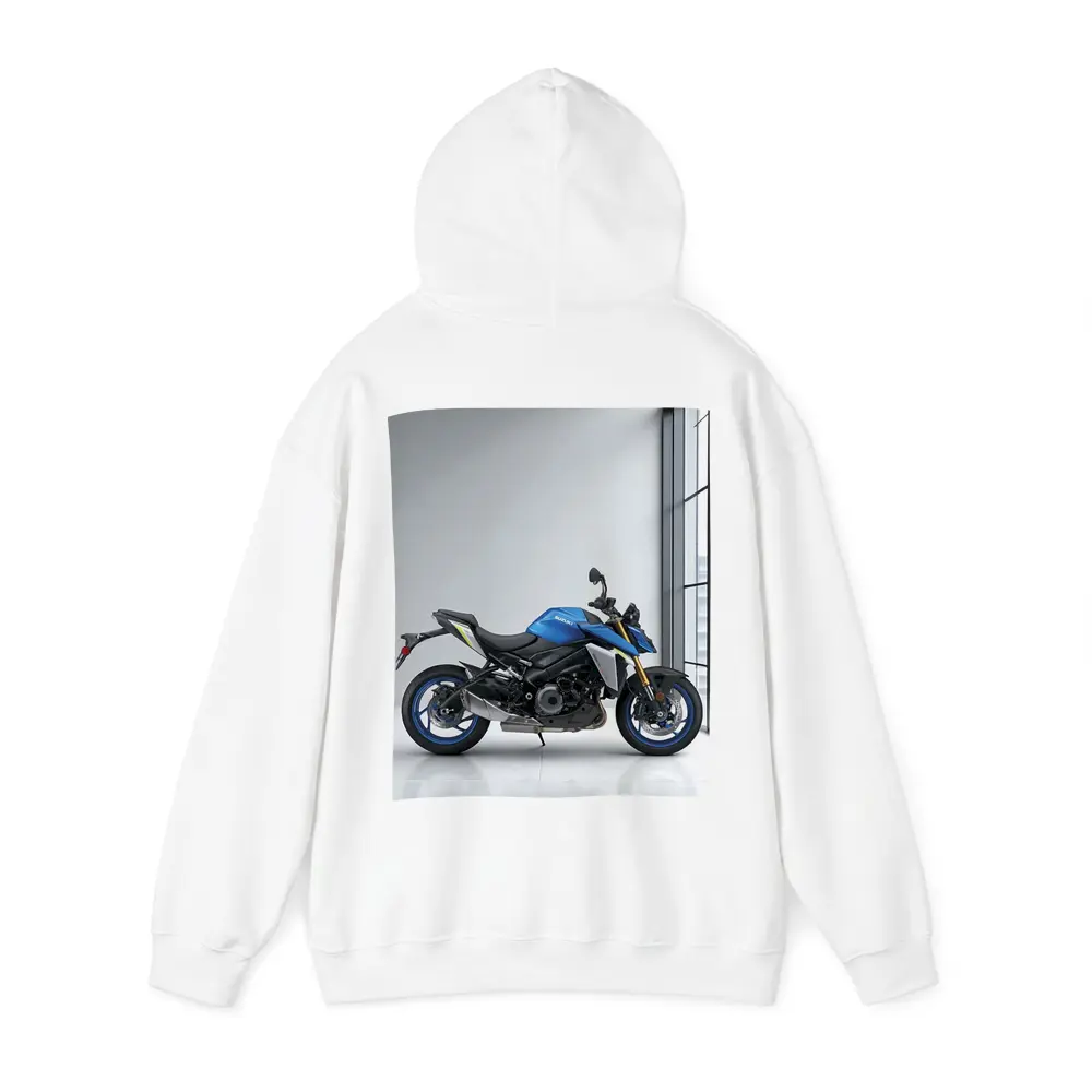 Suzuki Naked Bike Blue Motorcycle Indoor Setting – Hoodies