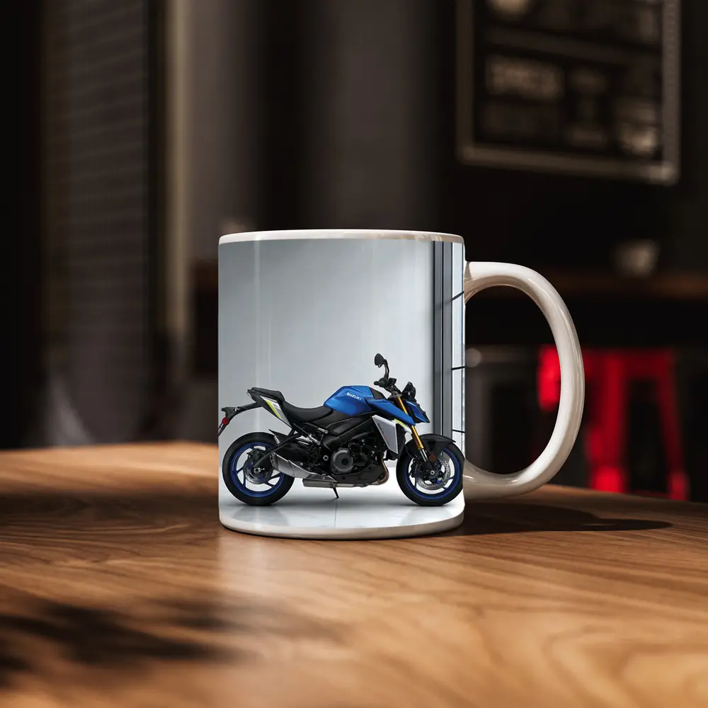 Suzuki Naked Bike Blue Motorcycle Indoor Setting – Mugs