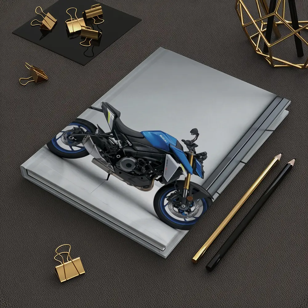 Suzuki Naked Bike Blue Motorcycle Indoor Setting – Notebooks