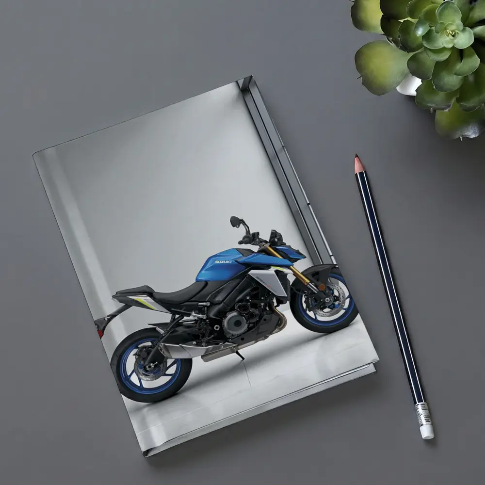 Suzuki Naked Bike Blue Motorcycle Indoor Setting – Notebooks