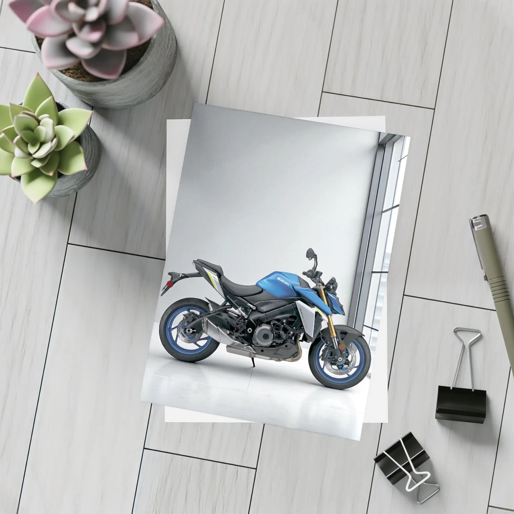 Suzuki Naked Bike Blue Motorcycle Indoor Setting – Postcards