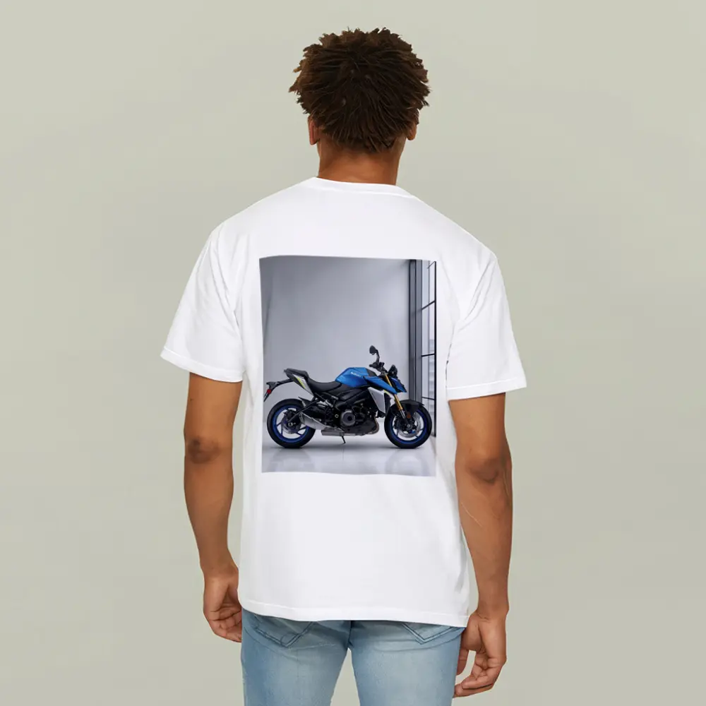 Suzuki Naked Bike Blue Motorcycle Indoor Setting – T-Shirts
