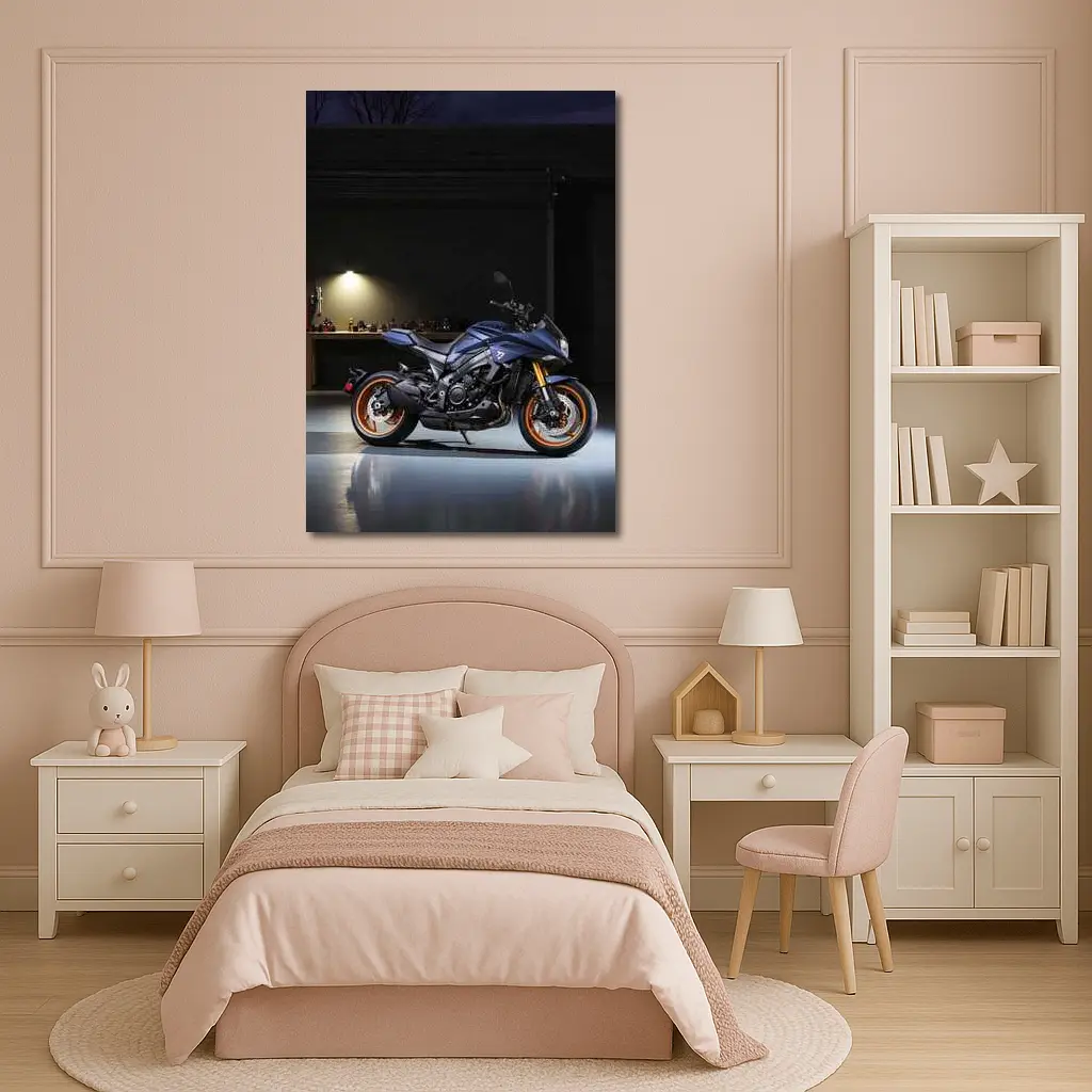 Yamaha MT Motorcycle Parked in Dark Garage – Wall Art
