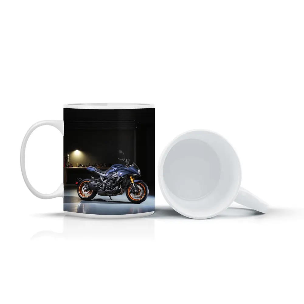 Yamaha MT Motorcycle Parked in Dark Garage – Mugs
