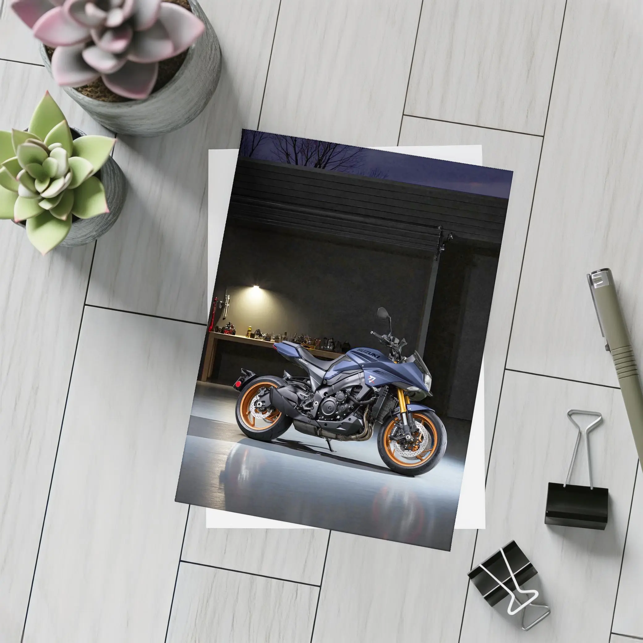 Yamaha MT Motorcycle Parked in Dark Garage – Postcards