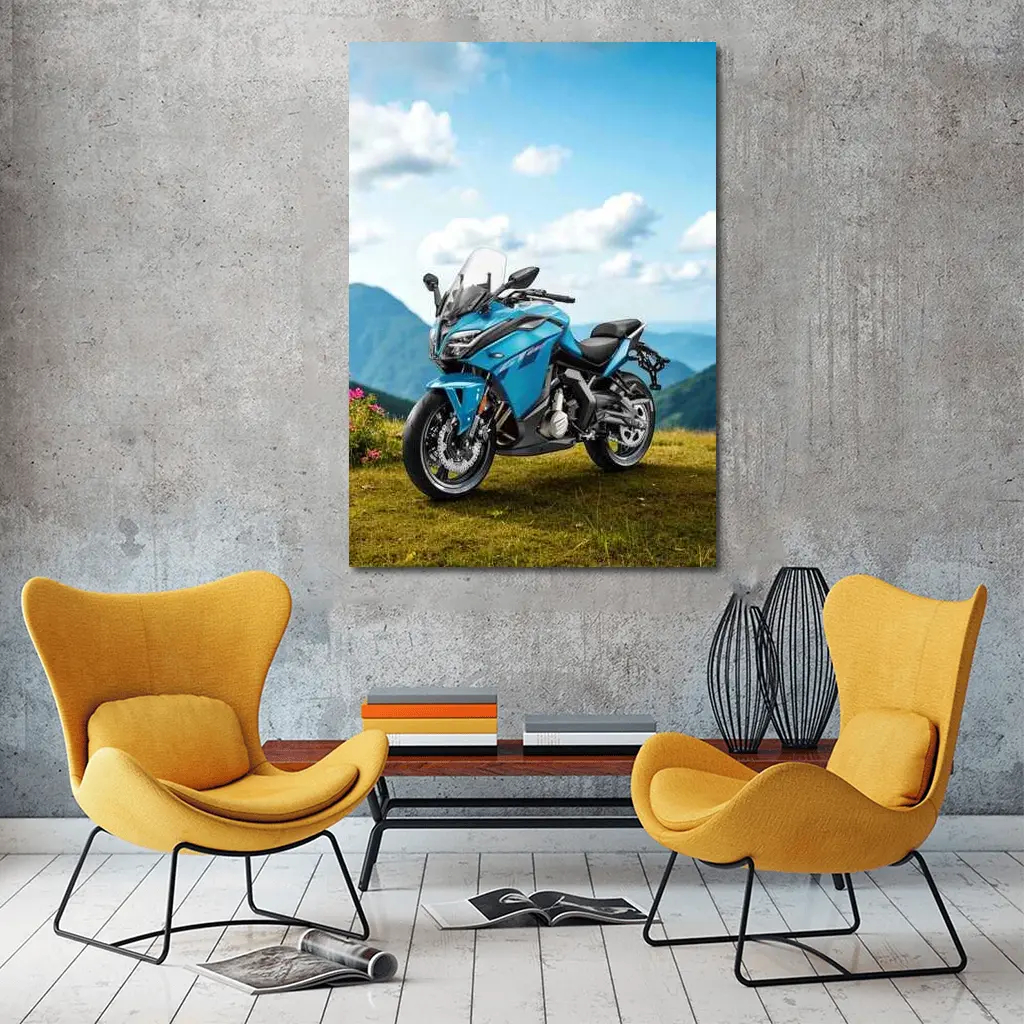 Blue Adventure Motorcycle Mountain Landscape Background – Wall Art