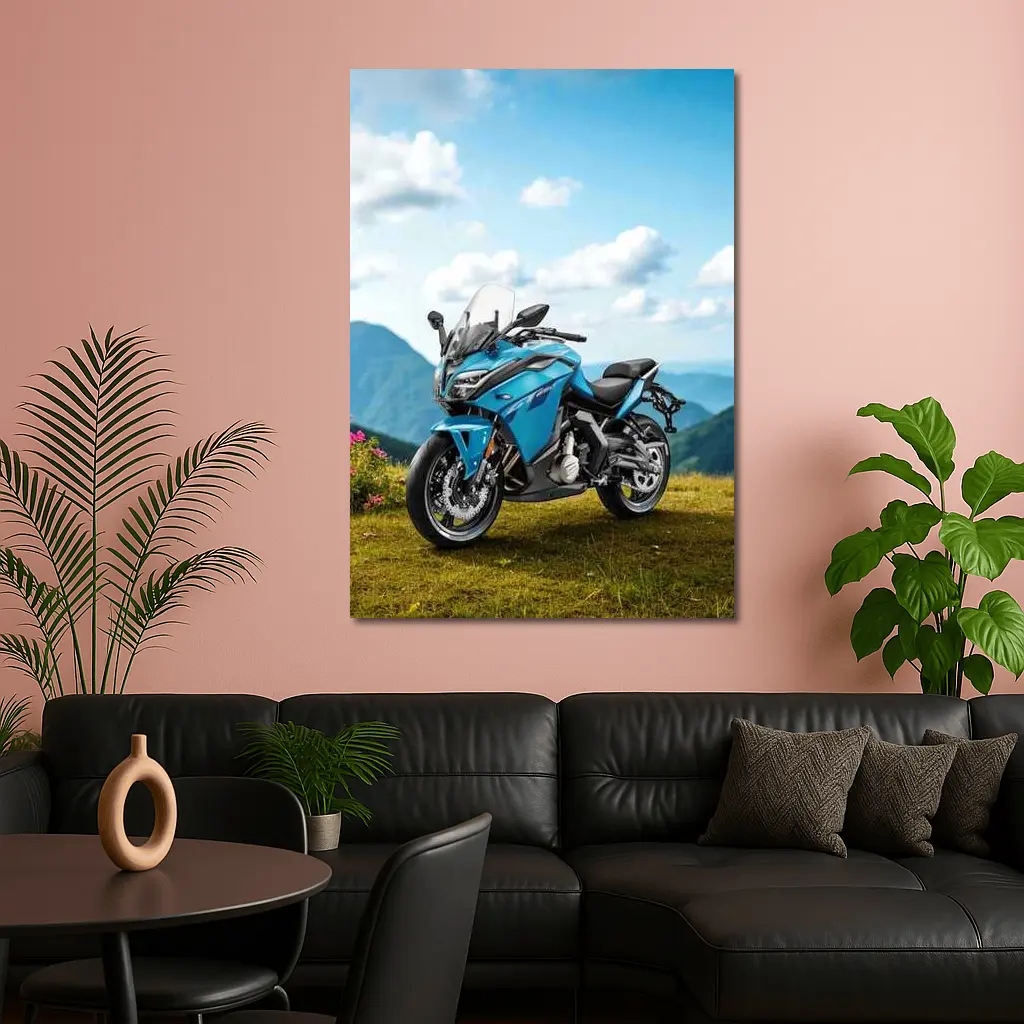 Blue Adventure Motorcycle Mountain Landscape Background – Wall Art