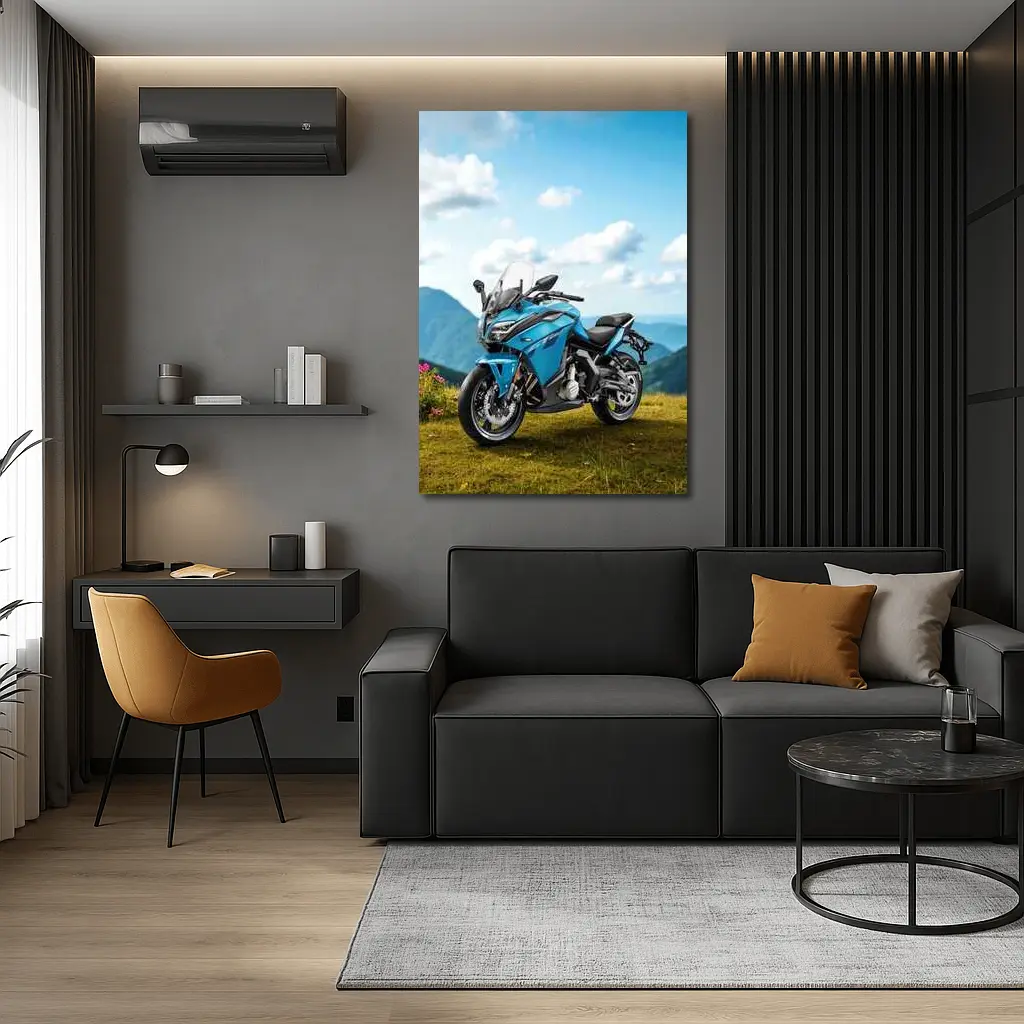 Blue Adventure Motorcycle Mountain Landscape Background – Wall Art