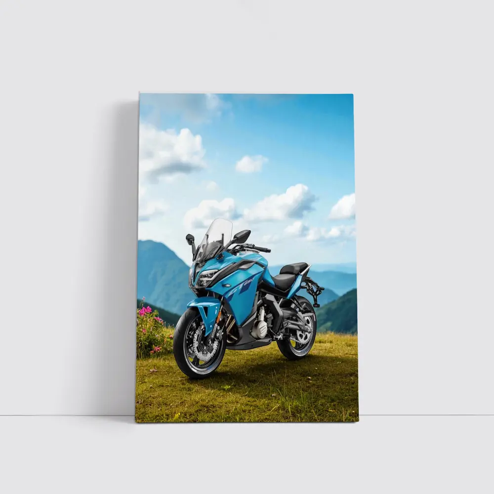 Blue Adventure Motorcycle Mountain Landscape Background – Wall Art