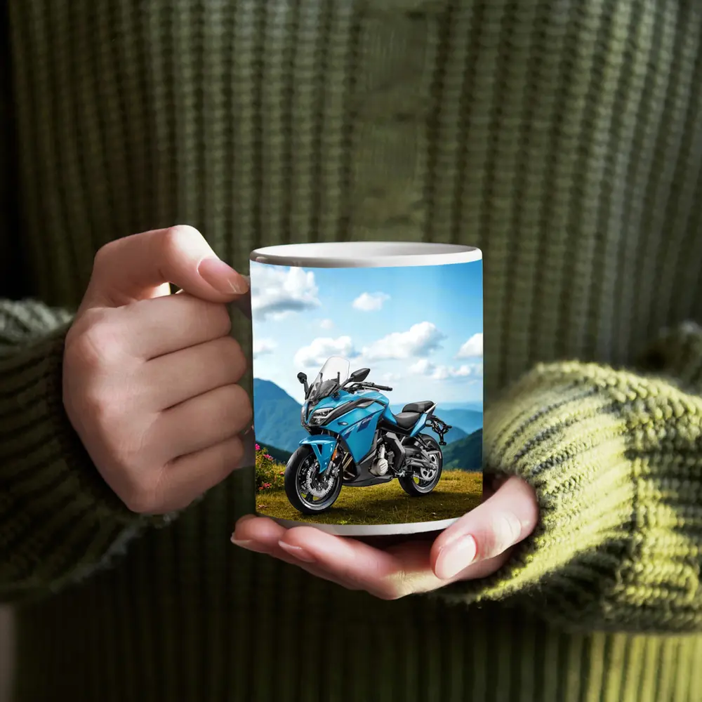 Blue Adventure Motorcycle Mountain Landscape Background – Mugs