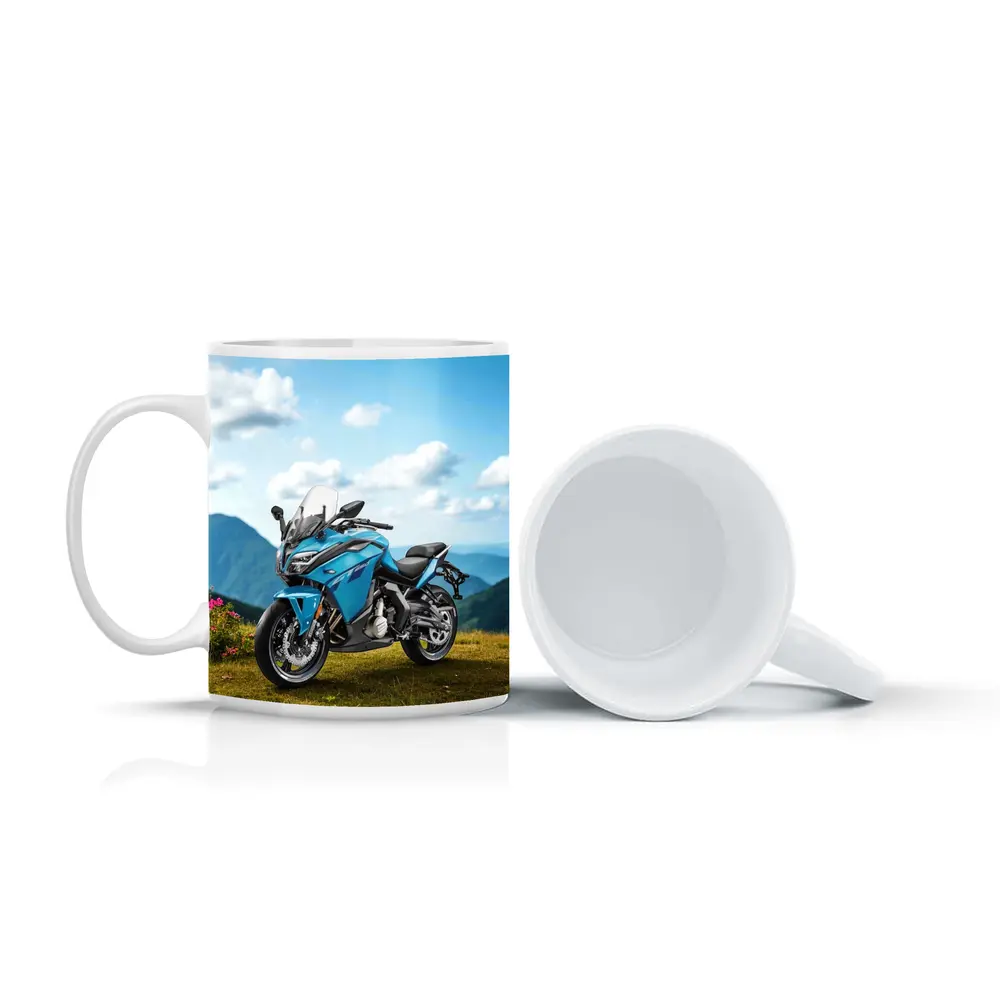 Blue Adventure Motorcycle Mountain Landscape Background – Mugs