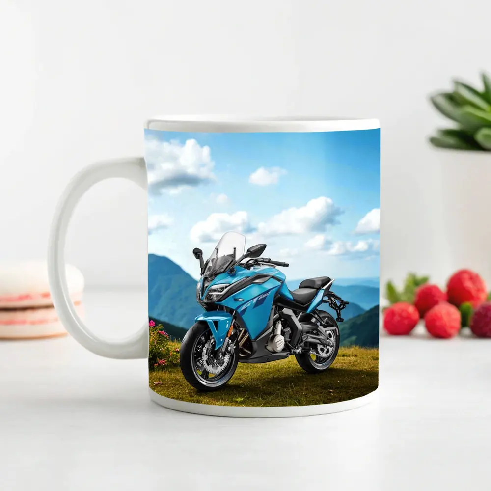 Blue Adventure Motorcycle Mountain Landscape Background – Mugs