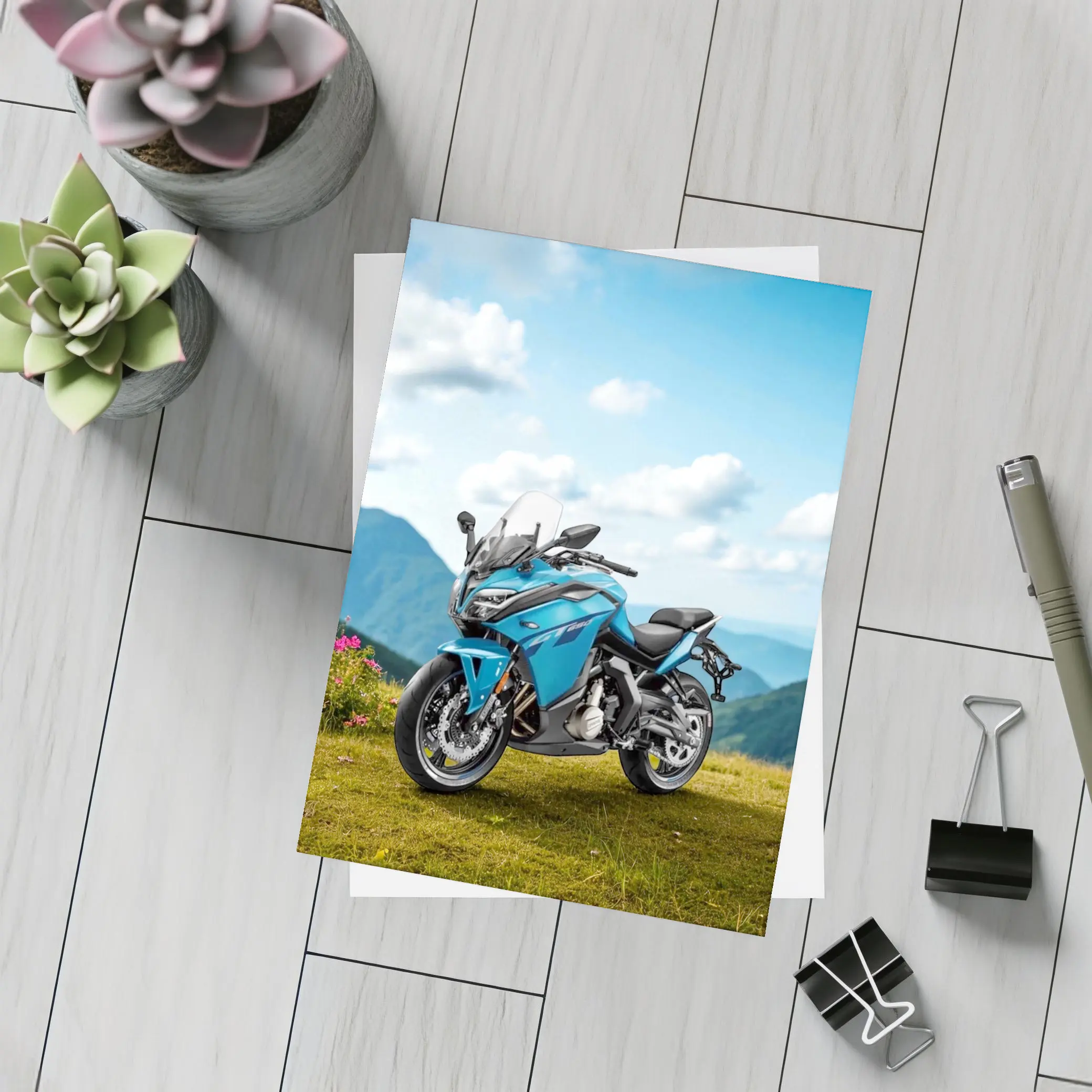 Blue Adventure Motorcycle Mountain Landscape Background – Postcards