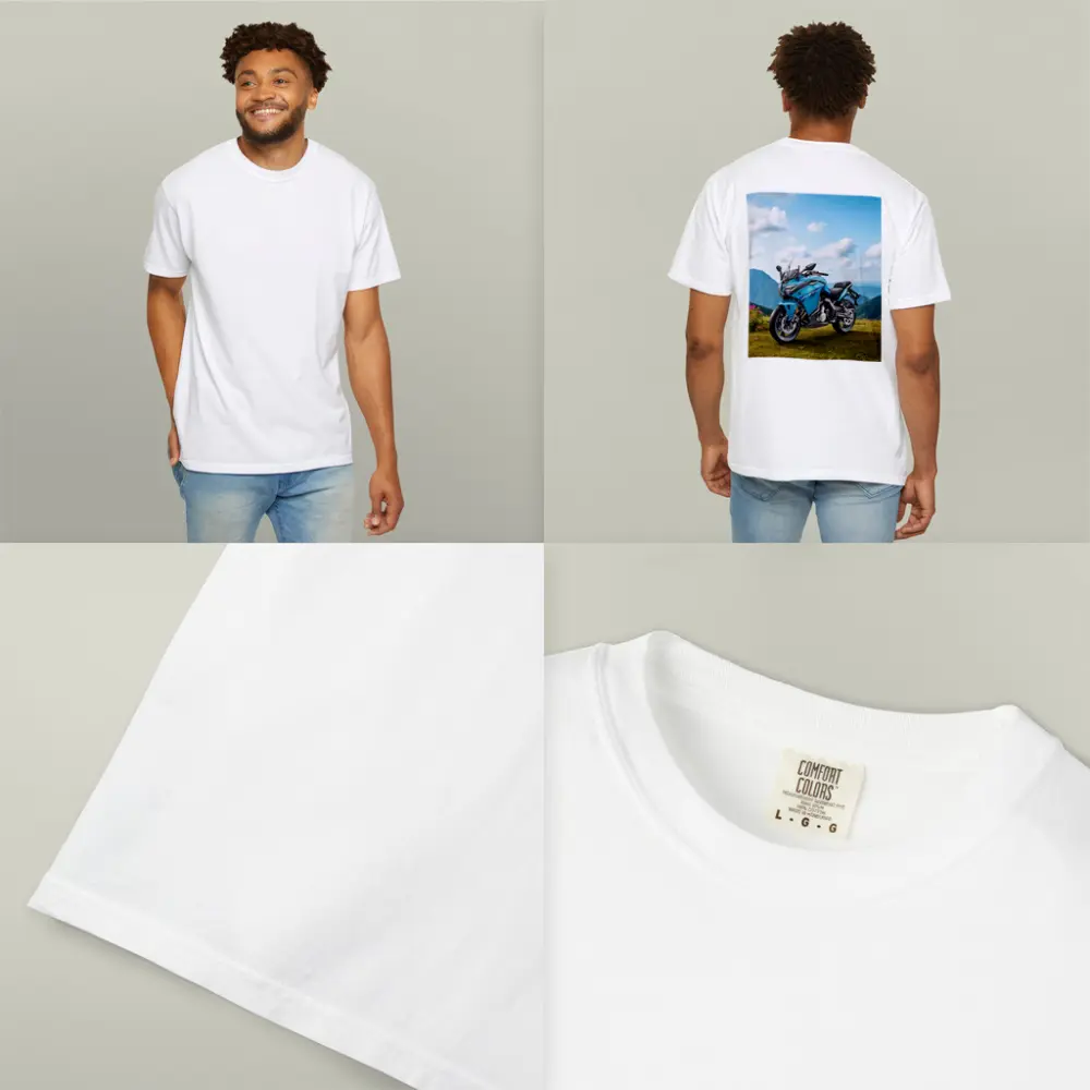Blue Adventure Motorcycle Mountain Landscape Background – T-Shirts