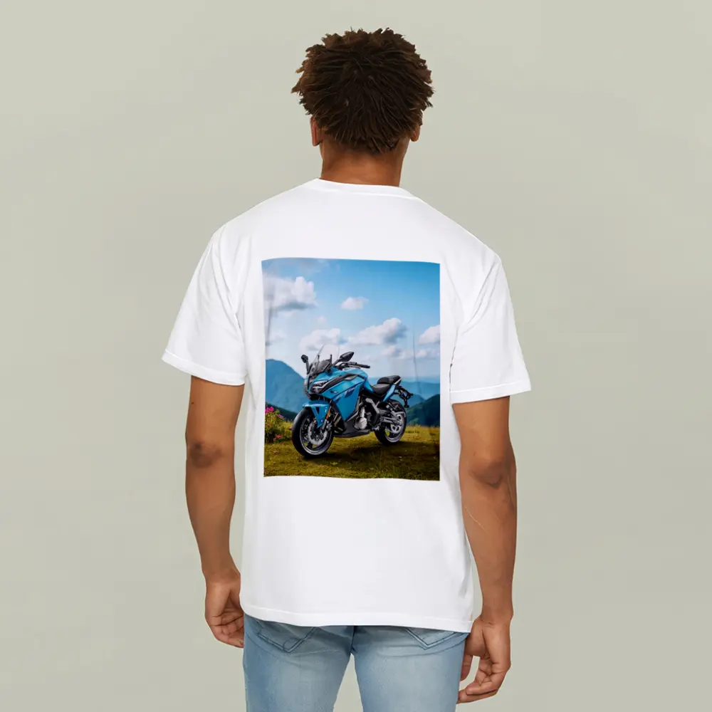 Blue Adventure Motorcycle Mountain Landscape Background – T-Shirts