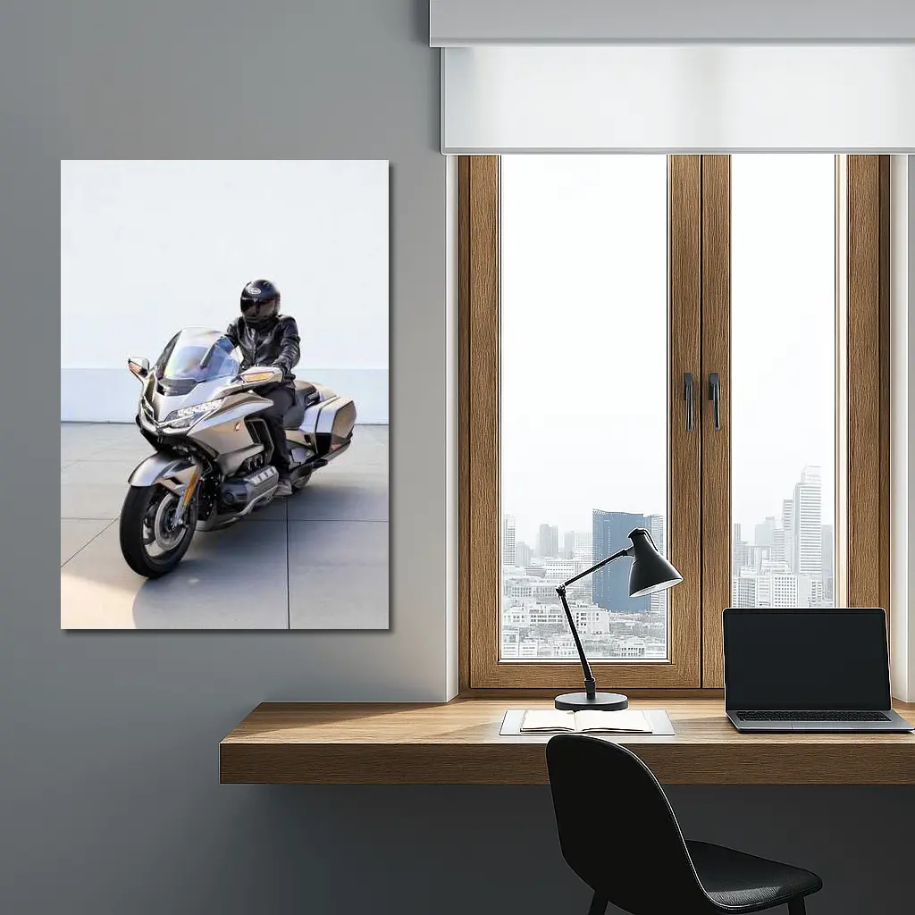 Honda Gold Wing Rider Gray Urban Setting – Wall Art