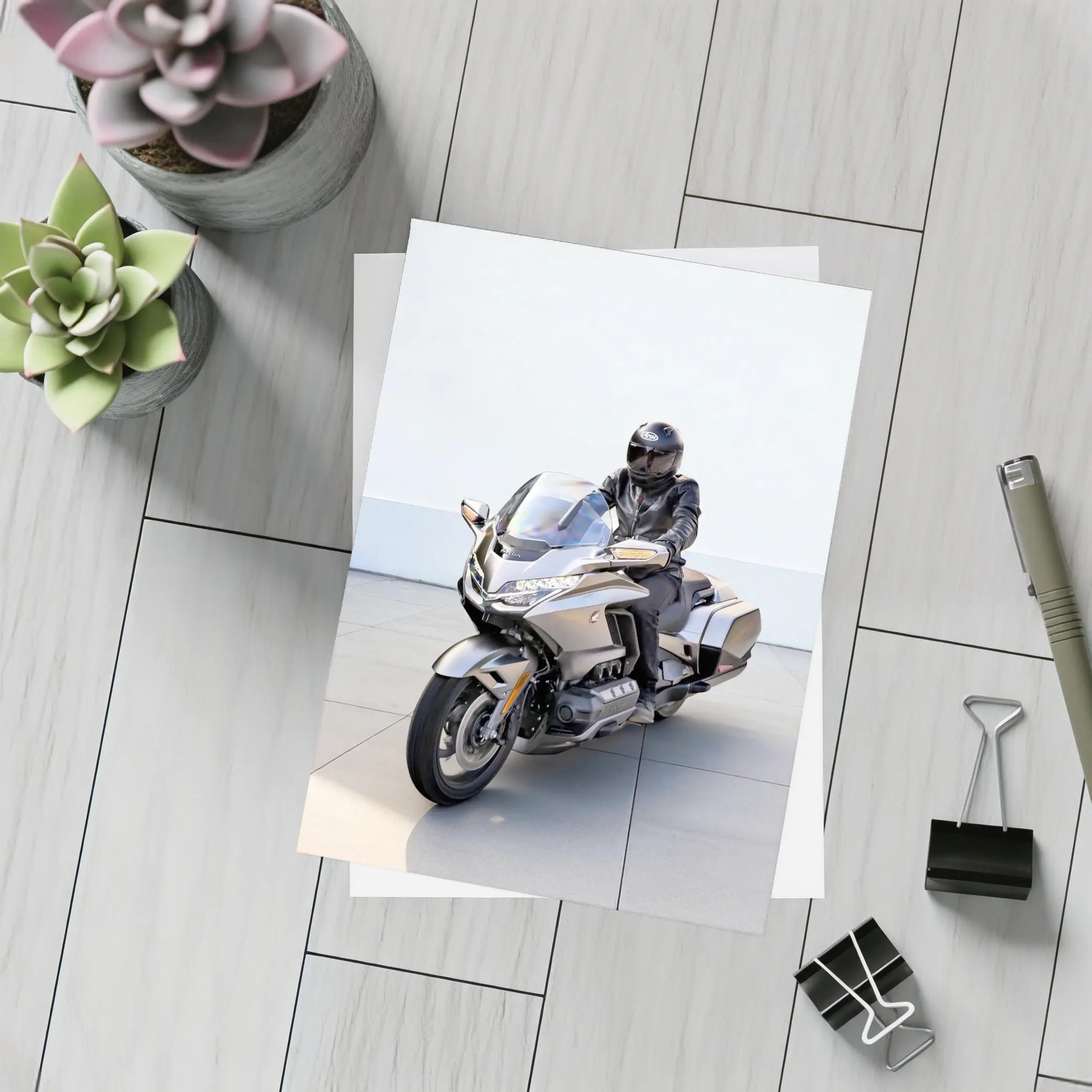 Honda Gold Wing Rider Gray Urban Setting – Postcards
