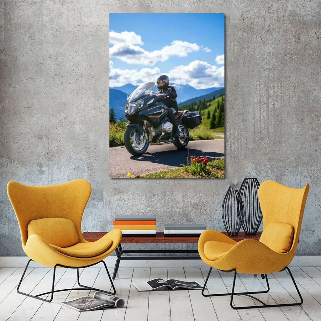 BMW Motorcycle Rider Mountain Road Scenic View – Wall Art