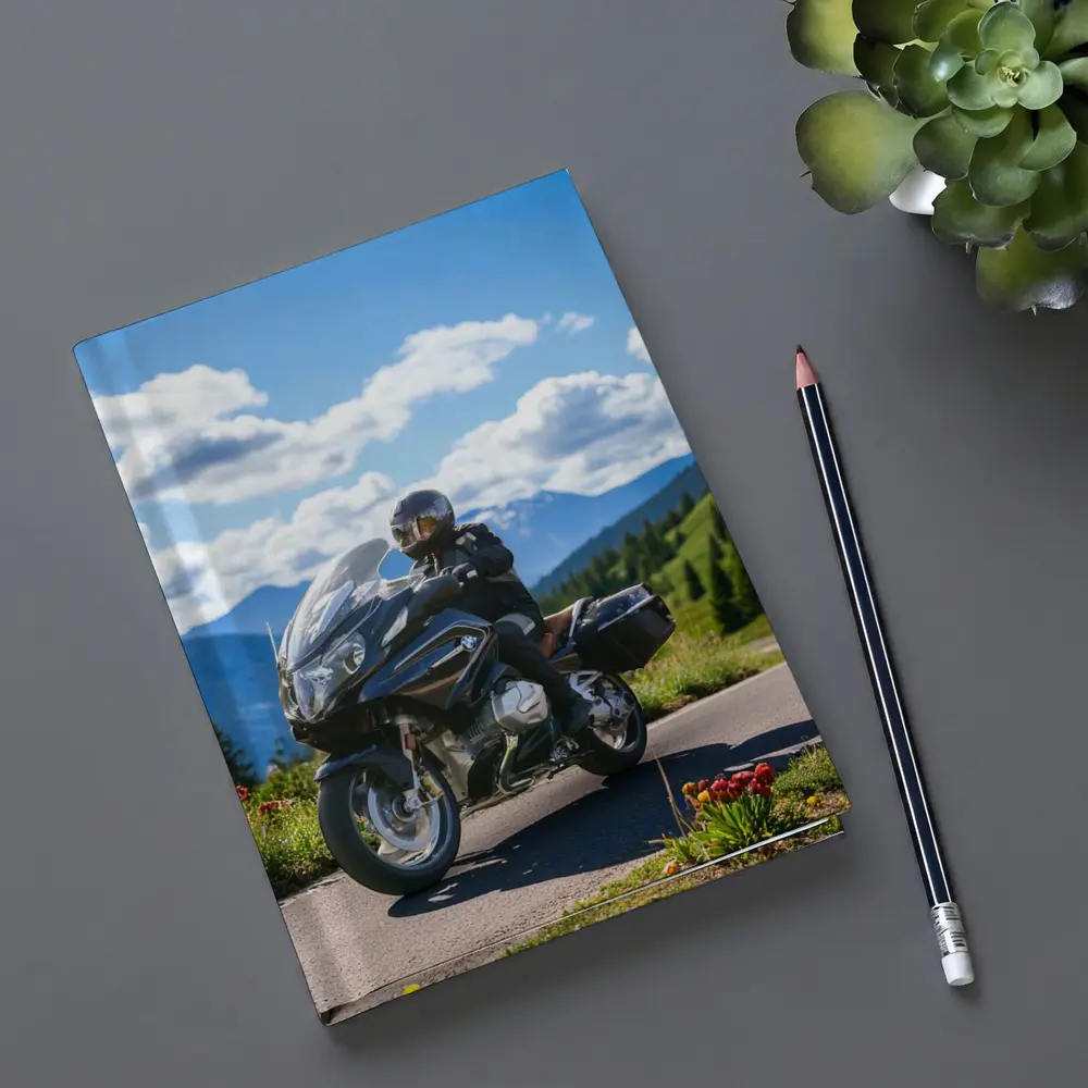 BMW Motorcycle Rider Mountain Road Scenic View – Notebooks