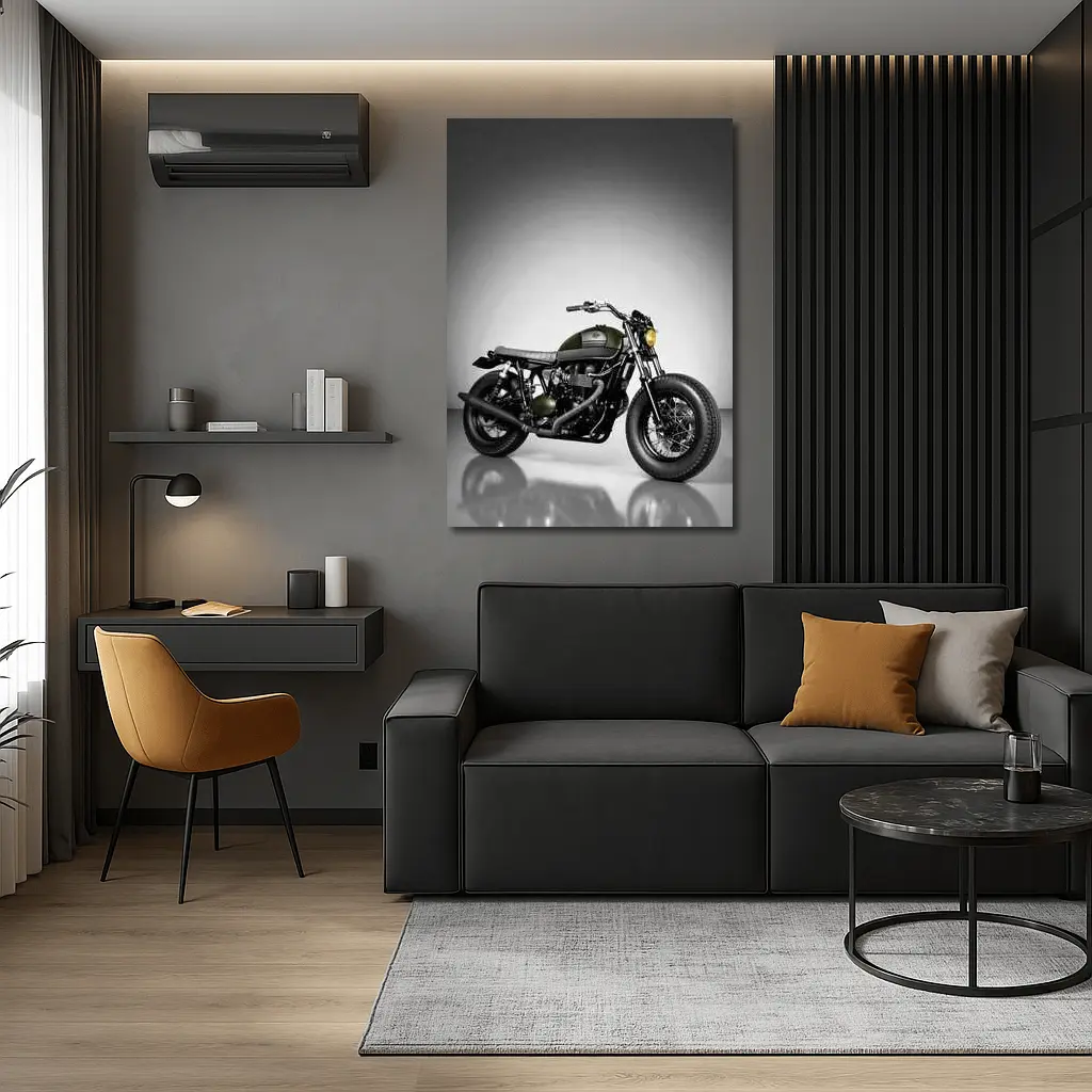 Olive Green Cafe Racer Motorcycle Studio Shot – Wall Art