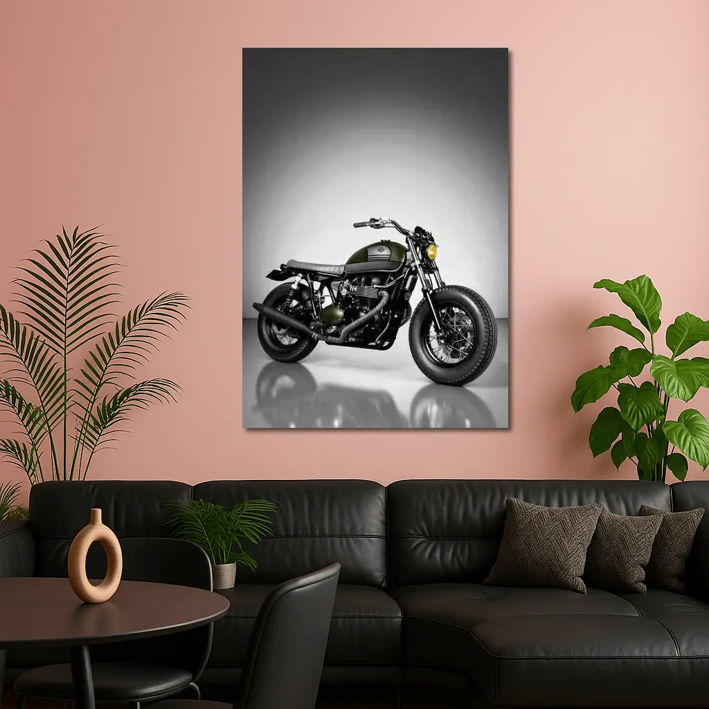Olive Green Cafe Racer Motorcycle Studio Shot – Wall Art