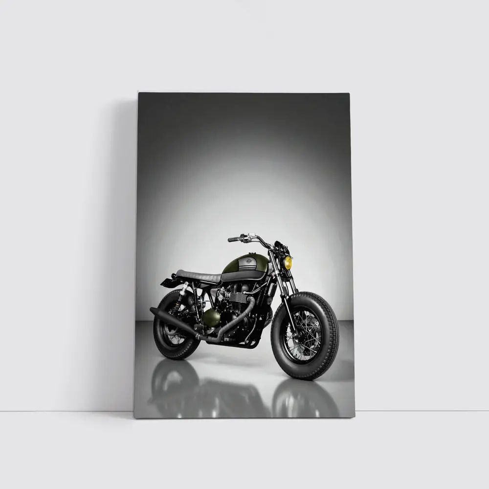 Olive Green Cafe Racer Motorcycle Studio Shot – Wall Art