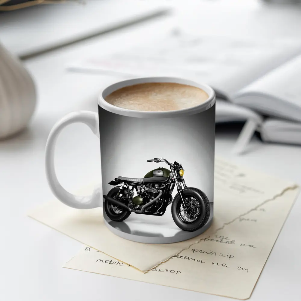 Olive Green Cafe Racer Motorcycle Studio Shot – Mugs