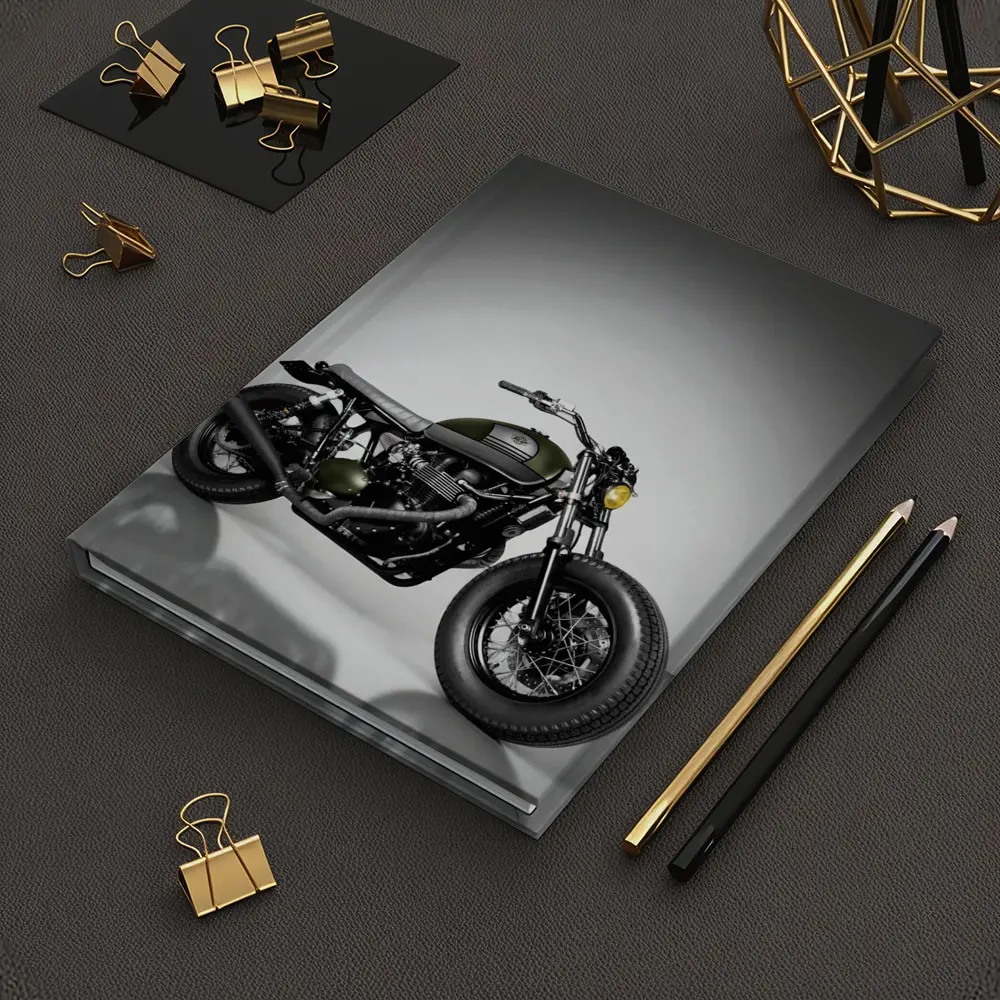 Olive Green Cafe Racer Motorcycle Studio Shot – Notebooks