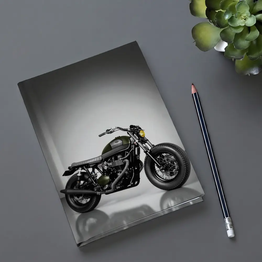 Olive Green Cafe Racer Motorcycle Studio Shot – Notebooks