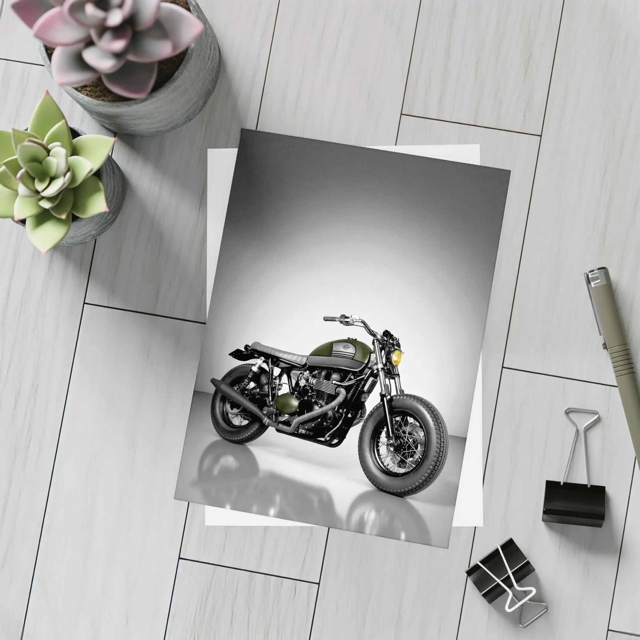 Olive Green Cafe Racer Motorcycle Studio Shot – Postcards