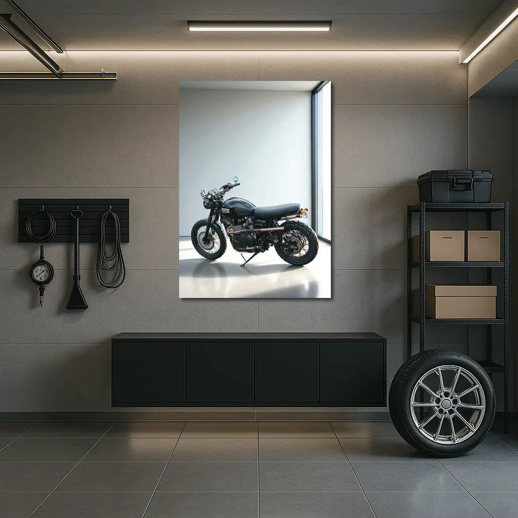 Black Triumph Scrambler Motorcycle Minimal Room – Wall Art