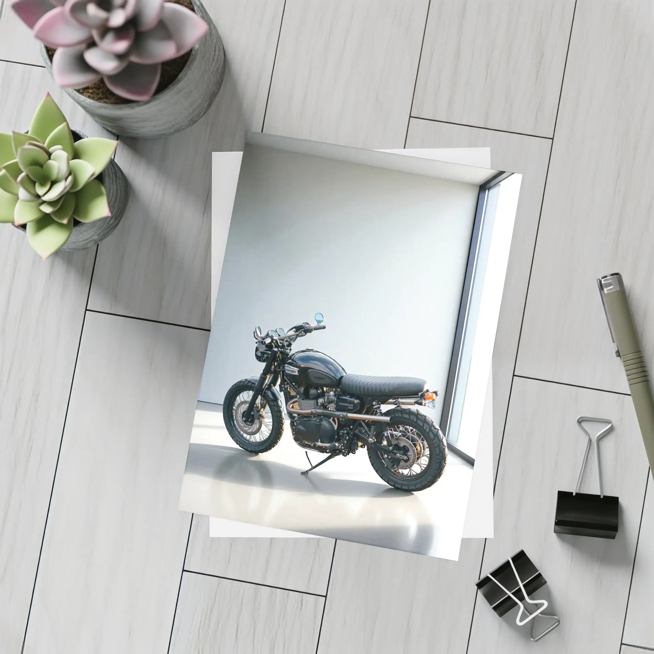 Black Triumph Scrambler Motorcycle Minimal Room – Postcards