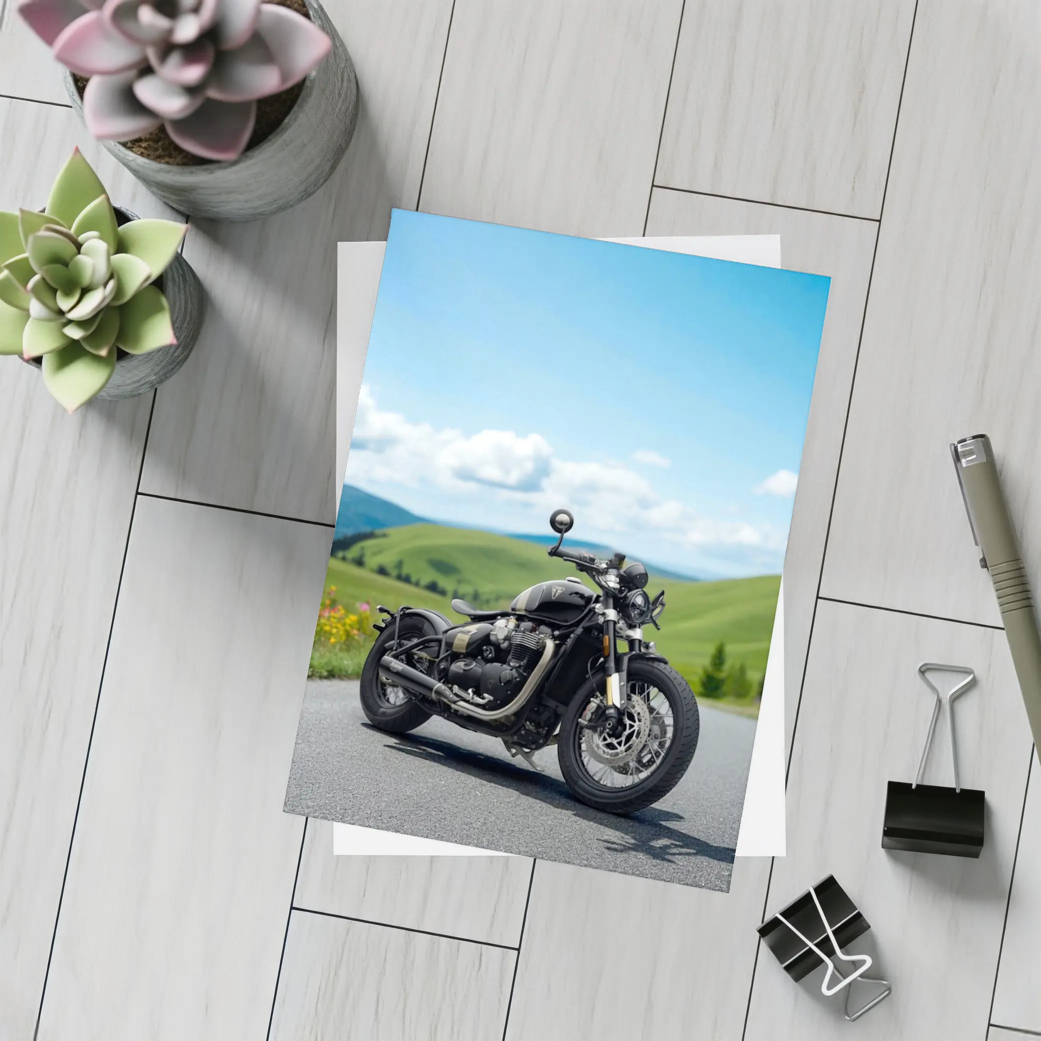 Triumph Bobber Black Motorcycle Green Hills – Postcards